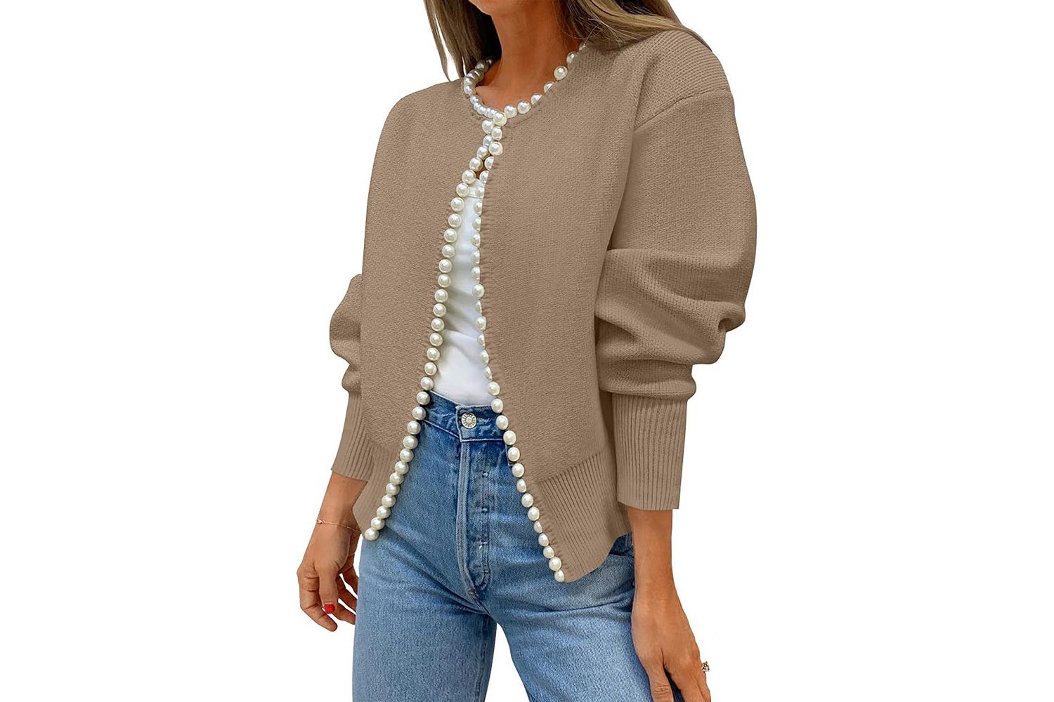 open front cardigan with pearls