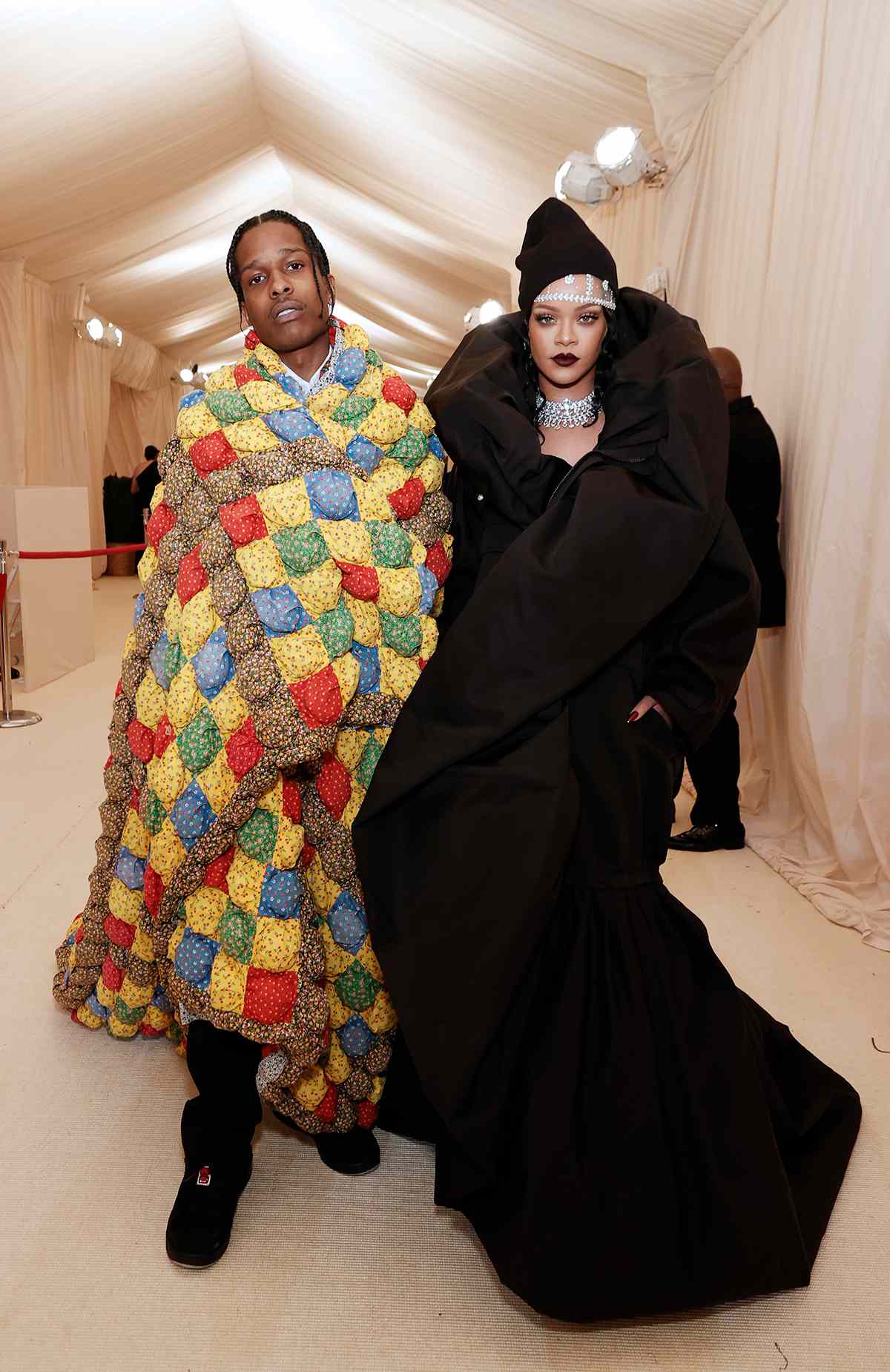 ASAP Rocky and Rihanna attend The 2021 Met Gala Celebrating In America: A Lexicon Of Fashion at Metropolitan Museum of Art on September 13, 2021 in New York City