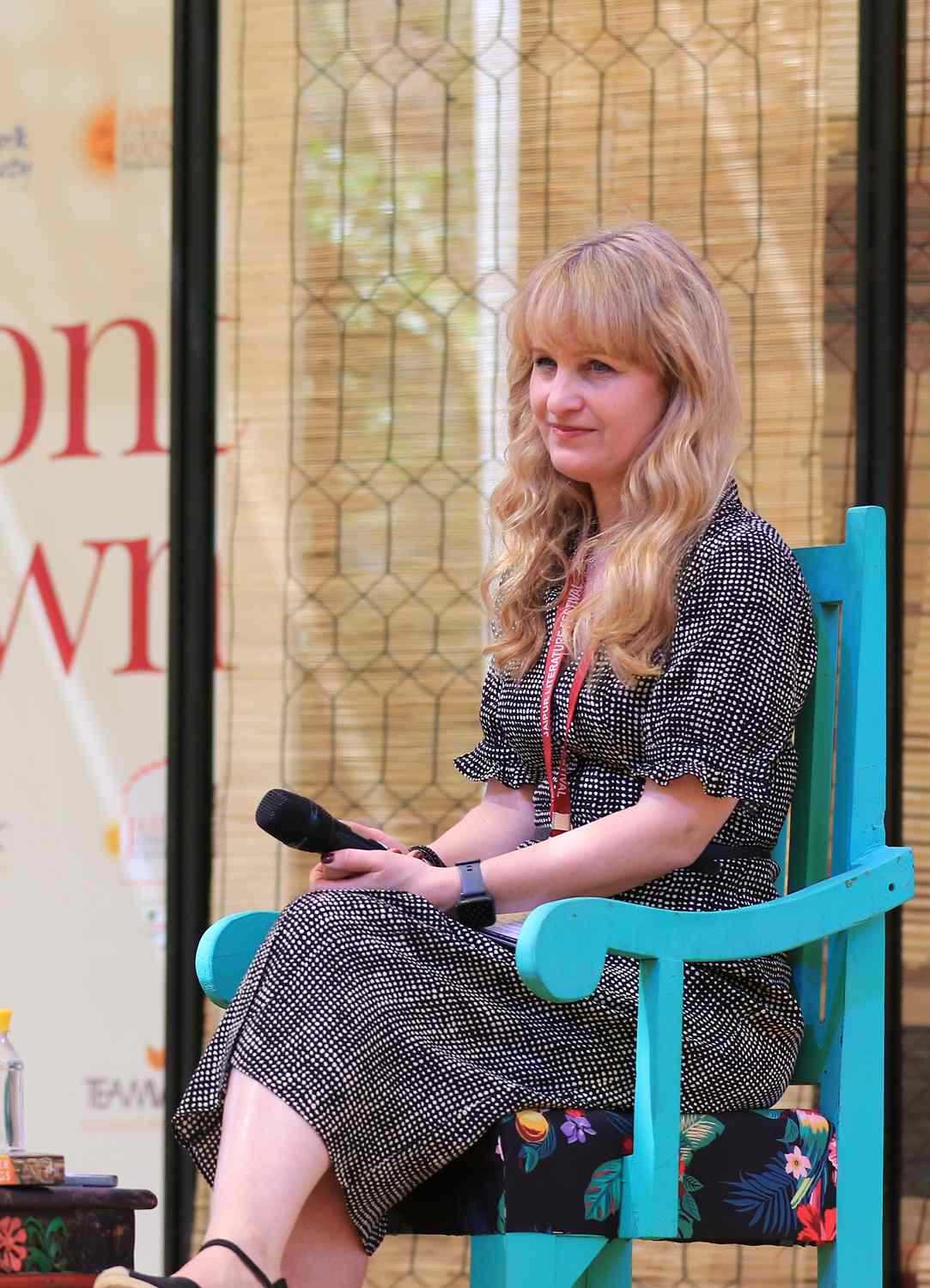 Bio archaeologist Cat Jarman in conversation with William Dalrymple at a session during the Jaipur Literature Festival 2022 , in Jaipur, Rajasthan, India, on Thursday, March 10,2022