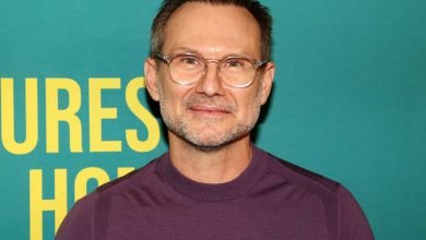 Christian Slater poses at the opening night of the play