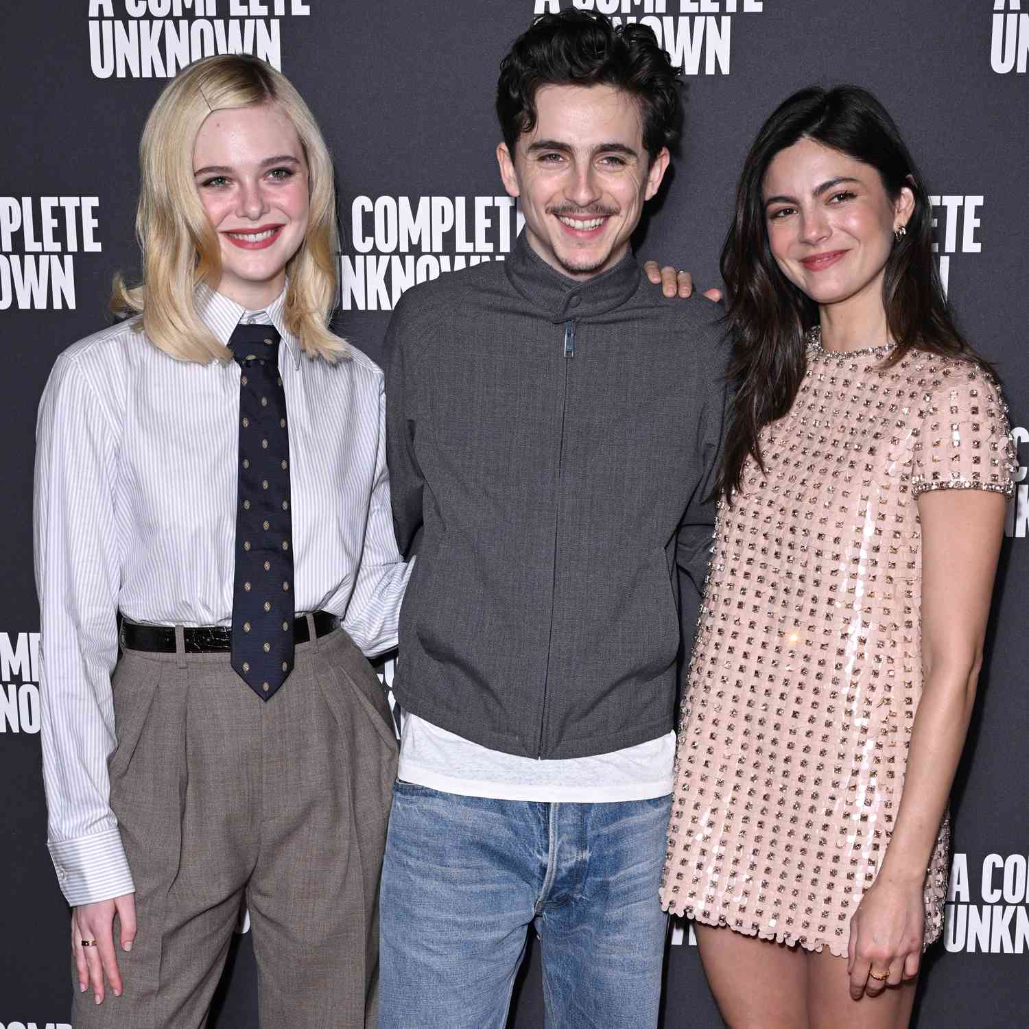 Elle Fanning, Timothee Chalamet and Monica Barbaro attend the UK photocall of Searchlight 