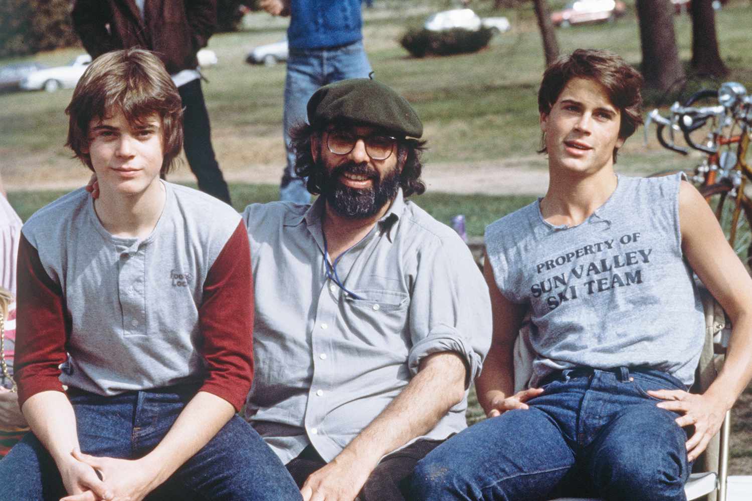 C. Thomas Howell, Francis Coppola and Rob Lowe on the set of "The Outsiders". 