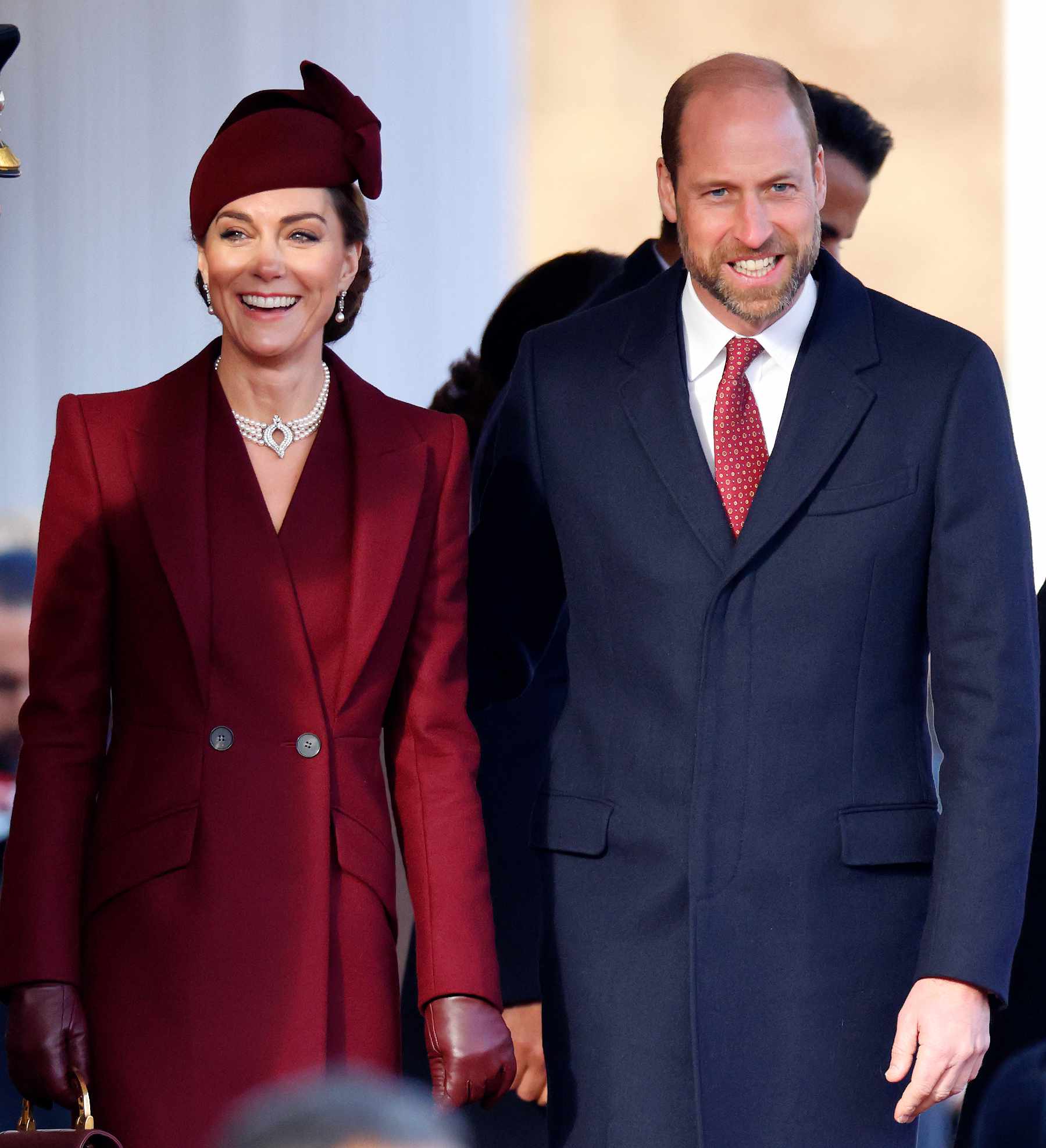 Kate Middleton and Prince William Smiling Outside at Ceremonial Welcome, at Horse Guards Parade, for the The Emir of the State of Qatar December 3, 2024