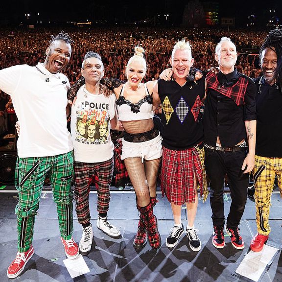 (L-R) Tony Kanal, Gwen Stefani, Adrian Young, and Tom Dumont of No Doubt pose on the Coachella Stage during the 2024 Coachella Valley Music and Arts Festival at Empire Polo Club on April 13, 2024 in Indio, California.