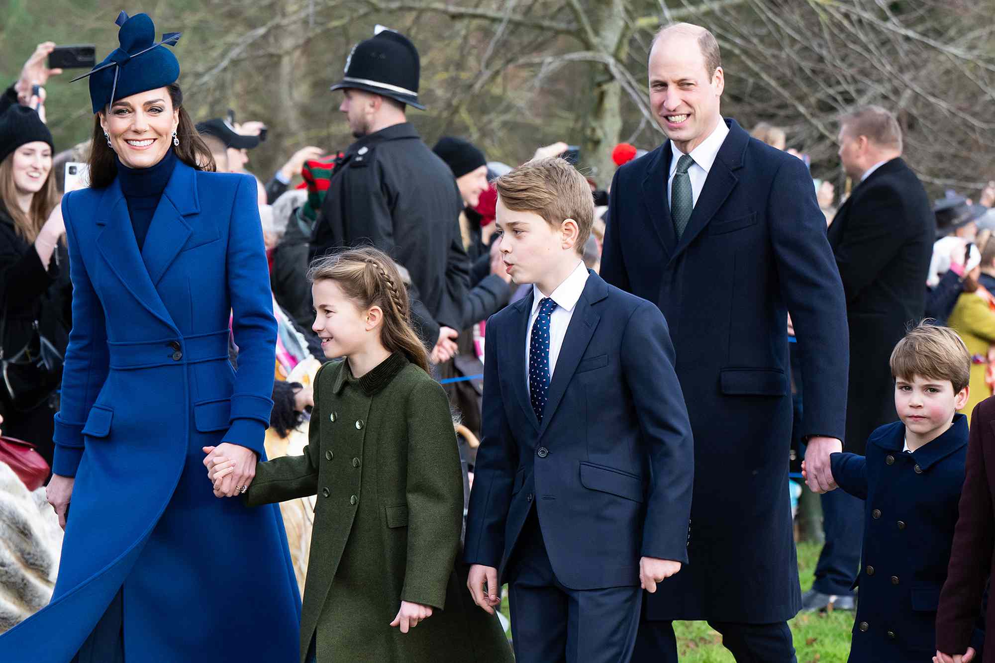 Catherine, Princess of Wales, Princess Charlotte of Wales, Prince George of Wales, Prince William, Prince of Wales, Prince Louis of Wales attend the Christmas Morning Service at Sandringham Church on December 25, 2023 in Sandringham, Norfolk.