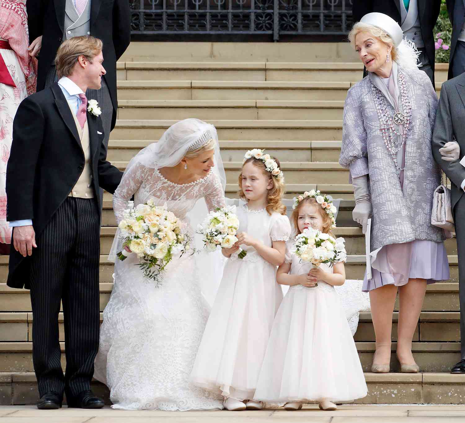 Thomas Kingston, Lady Gabriella Windsor accompanied by Princess Michael of Kent, leave following their wedding at St George's Chapel on May 18, 2019 in Windsor, England