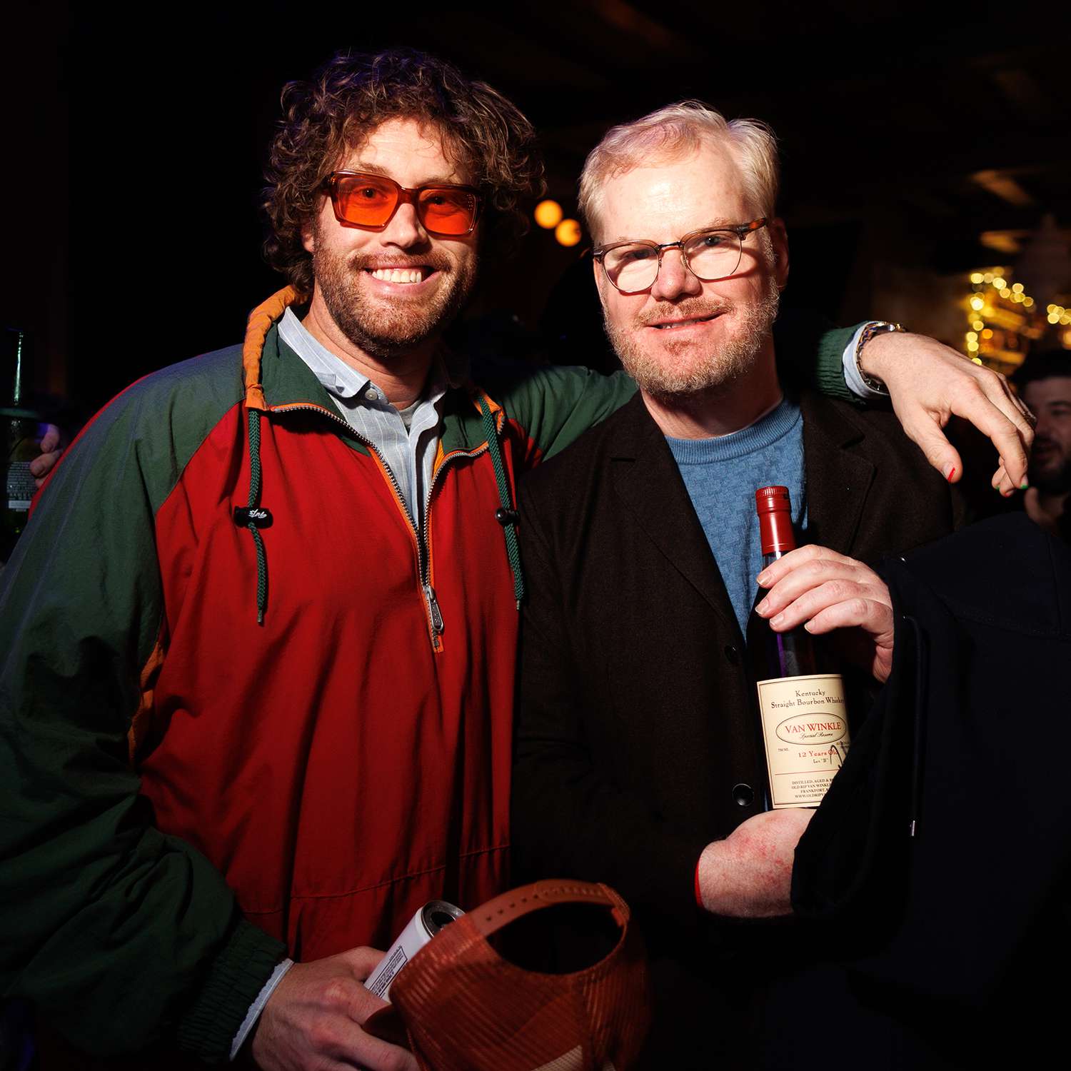 Comedians TJ Miller and Jim Gaffigan getting into the festive spirit at The Stand NYC Restaurant and Comedy Club’s apres-ski themed holiday party 