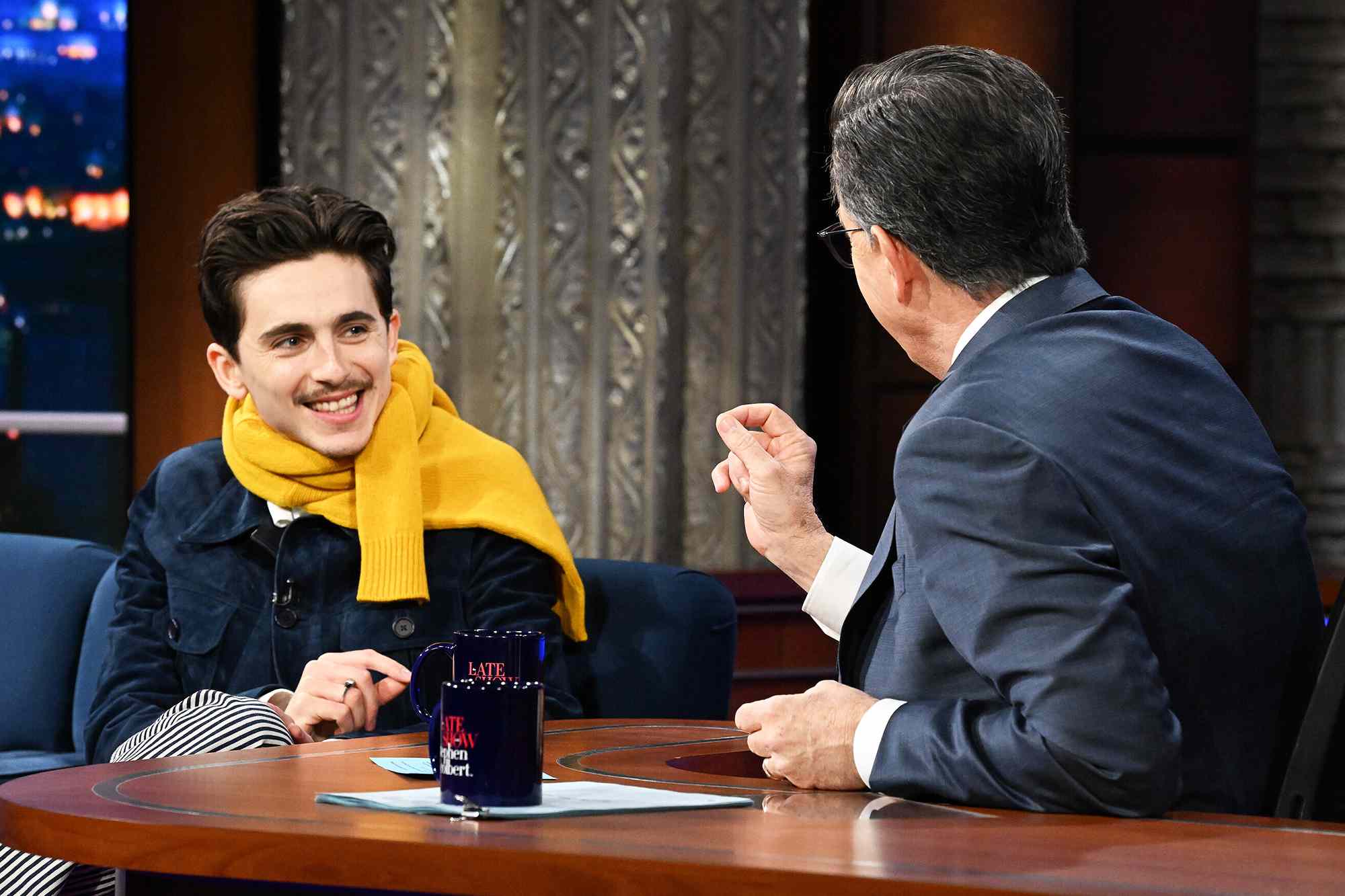 The Late Show with Stephen Colbert and guest Timothee Chalamet during Thursday's December 12, 2024 show