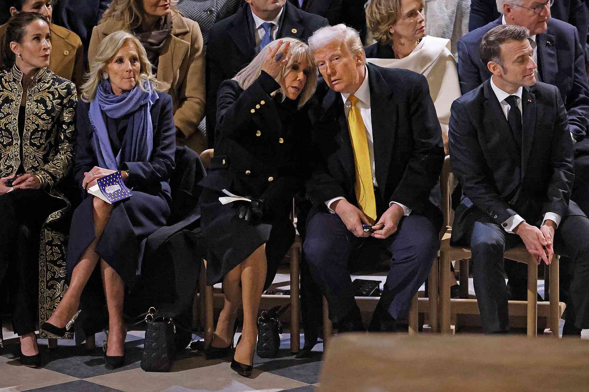 President Emmanuel Macron's wife Brigitte Macron (CL) talks with US President-elect Donald Trump (CR) as they sit alongside daughter of US President Joe Biden, Ashley Biden (L), First Lady of the United States Jill Biden (2L) and French President Emmanuel Macron (R) inside Notre-Dame Cathedral ahead of a ceremony to mark the re-opening of the landmark cathedral, in central Paris, on December 7, 2024. Around 50 heads of state and government are expected in the French capital to attend the ceremony marking the rebuilding of the Gothic masterpiece five years after the 2019 fire which ravaged the world heritage landmark and toppled its spire. Some 250 companies and hundreds of experts were part of the five-year restoration project at a cost of hundreds of millions of euros