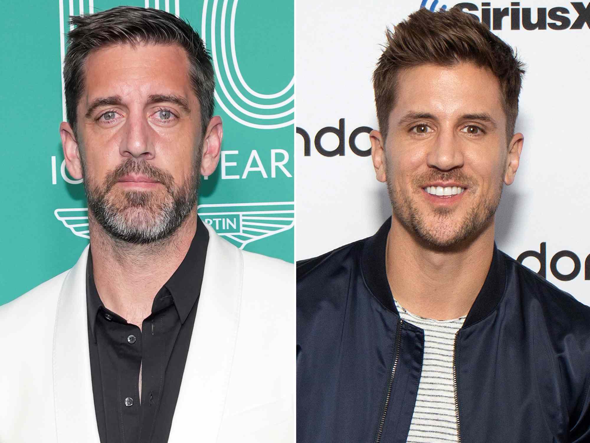 Aaron Rodgers attends the grand opening of Q New York on June 13, 2023 in New York City. ; Jordan Rodgers visits SiriusXM Studios on October 28, 2019 in New York City. 