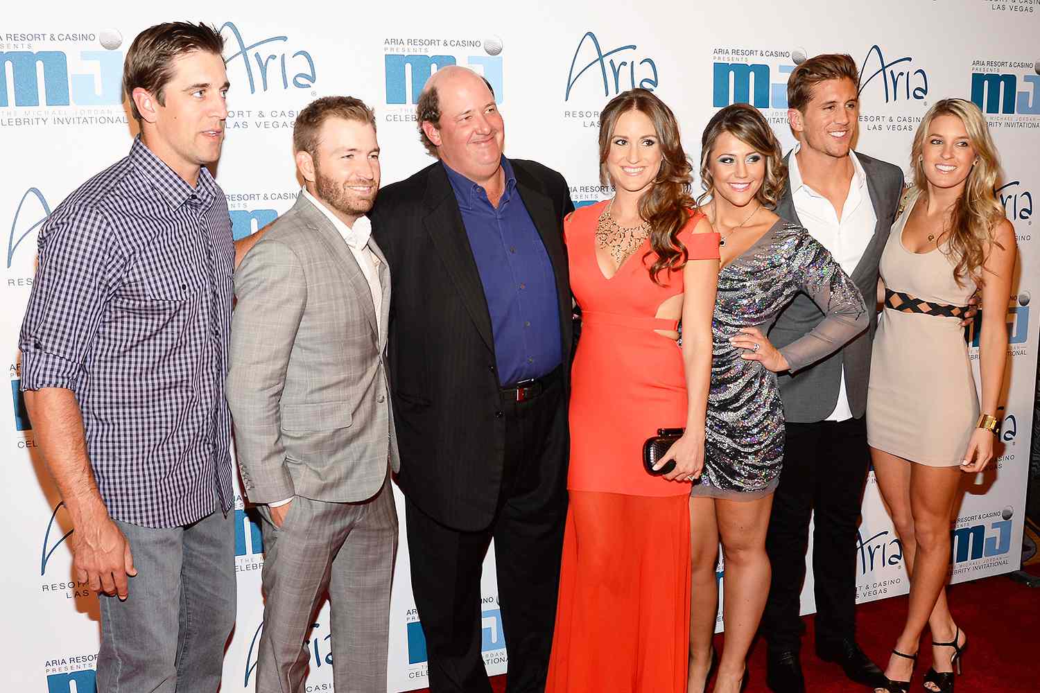 Green Bay Packers quarterback Aaron Rodgers (L), actor Brian Baumgartner (3rd L) and guests arrive at the 13th annual Michael Jordan Celebrity Invitational gala at the ARIA Resort & Casino at CityCenter on April 4, 2014 in Las Vegas, Nevada.