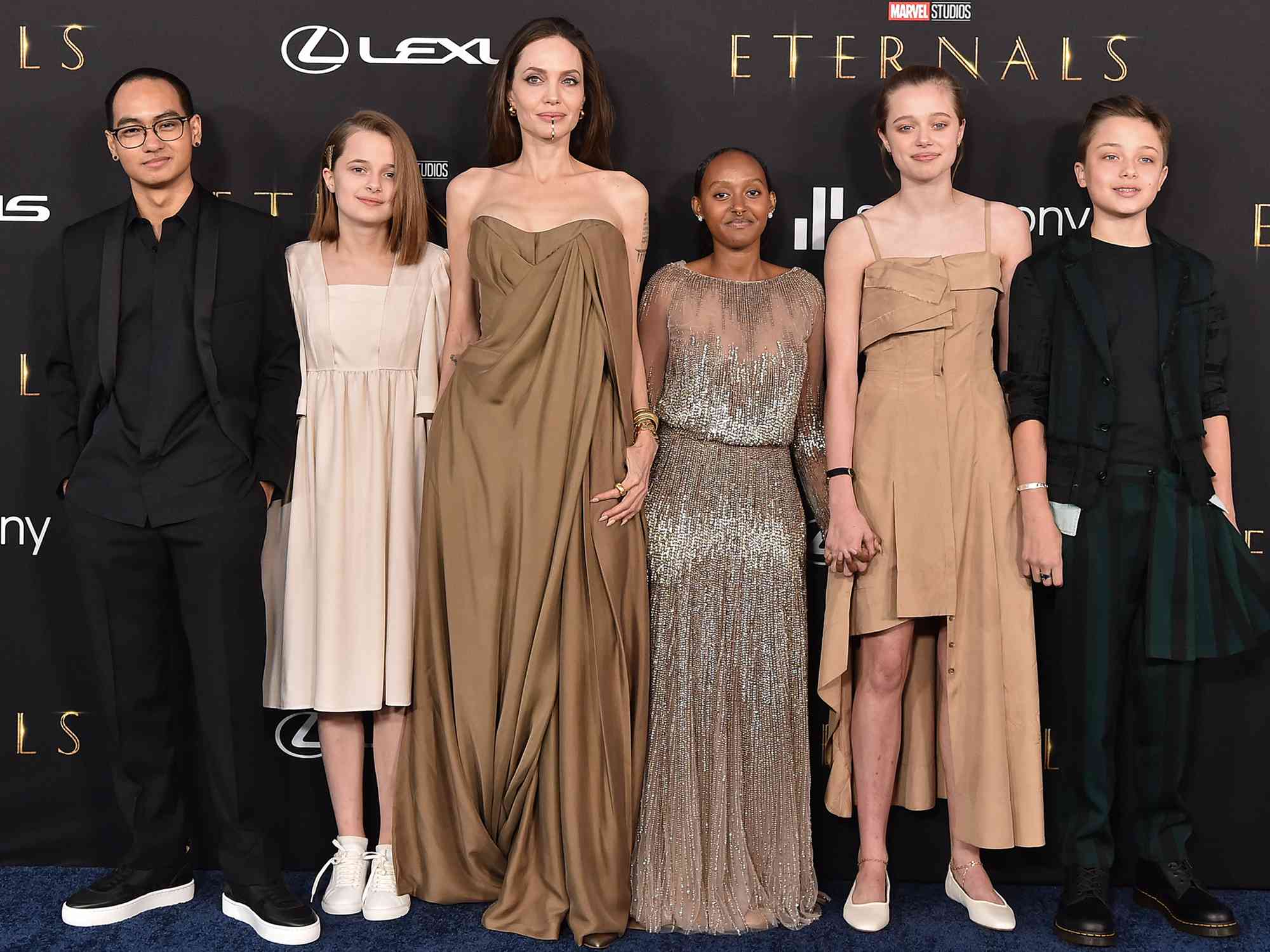 Maddox Jolie-Pitt, Vivienne Jolie-Pitt, Angelina Jolie, Knox Jolie-Pitt, Shiloh Jolie-Pitt, and Zahara Jolie-Pitt attend the Los Angeles Premiere of Marvel Studios' "Eternals" on October 18, 2021 in Los Angeles, California.