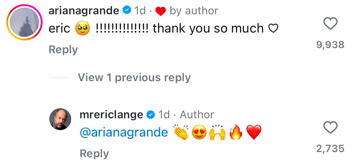 Ariana Grande comments on Eric Lange's Instagram post