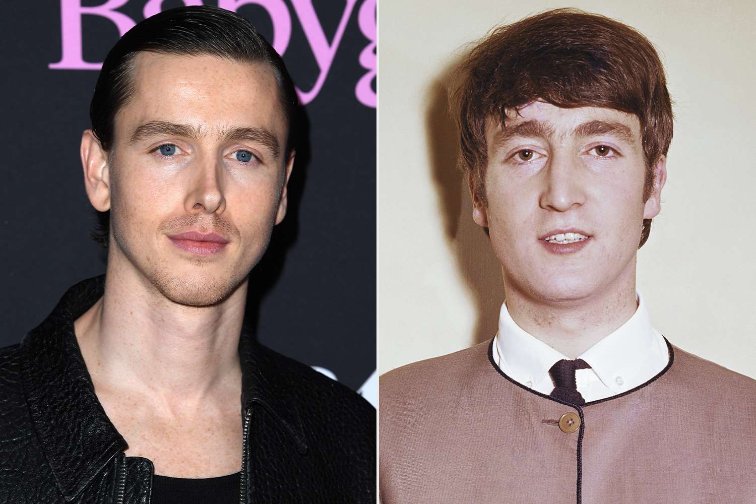 (L): Harris Dickinson arrives at the premiere of 'Babygirl' at DGA Theater Complex on Dec. 11, 2024, in Los Angeles ; (R): John Lennon of The Beatles poses for a portrait in 1963 in London.