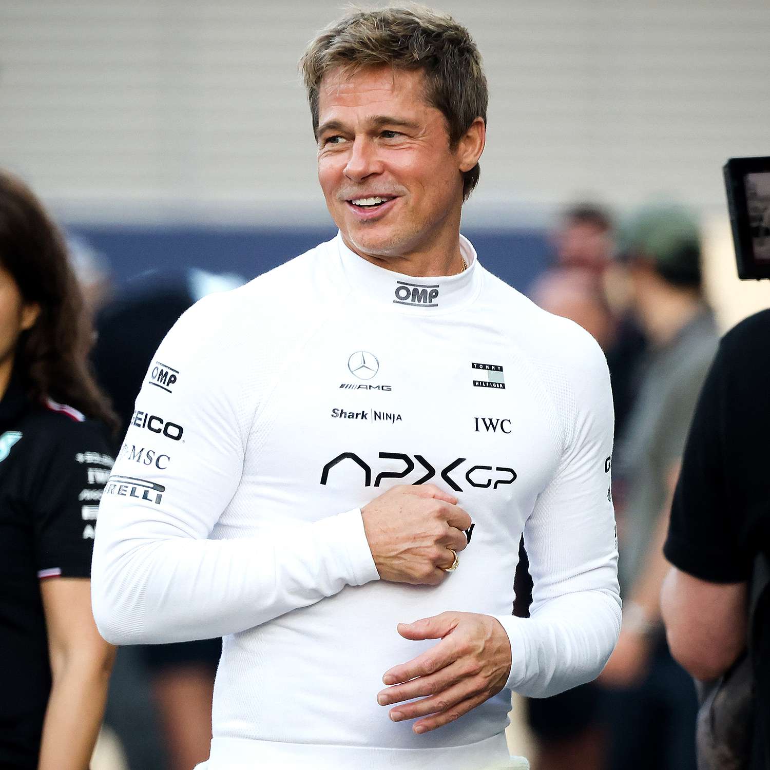 Brad Pitt, actor playing Sonny Hayes, a driver of the fictional Apex APXGP F1 team in the upcoming 'F1' movie directed by Joseph Kosinski, is seen on a movie set ahead of Formula 1 Abu Dhabi Grand Prix at Yas Marina Circuit on December 5th, 2024 in Abu Dhabi, United Arab Emirates.