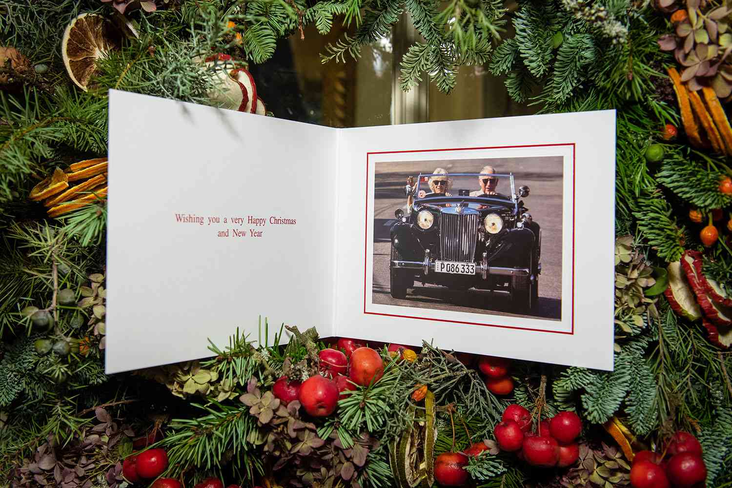 2019 Christmas card of Prince Charles, Prince of Wales and Camilla, Duchess of Cornwall on a Christmas tree at Clarence House on December 20, 2019 in London, England