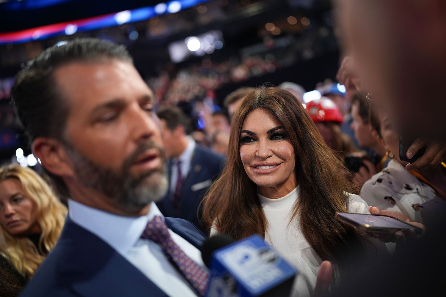 MILWAUKEE, WISCONSIN - JULY 15: Donald Trump Jr., son of former U.S. President Donald Trump, and Kimberly Guilfoyle attend the first day of the Republican National Convention at the Fiserv Forum on July 15, 2024 in Milwaukee, Wisconsin. Delegates, politicians, and the Republican faithful are in Milwaukee for the annual convention, concluding with former President Donald Trump accepting his party's presidential nomination. The RNC takes place from July 15-18