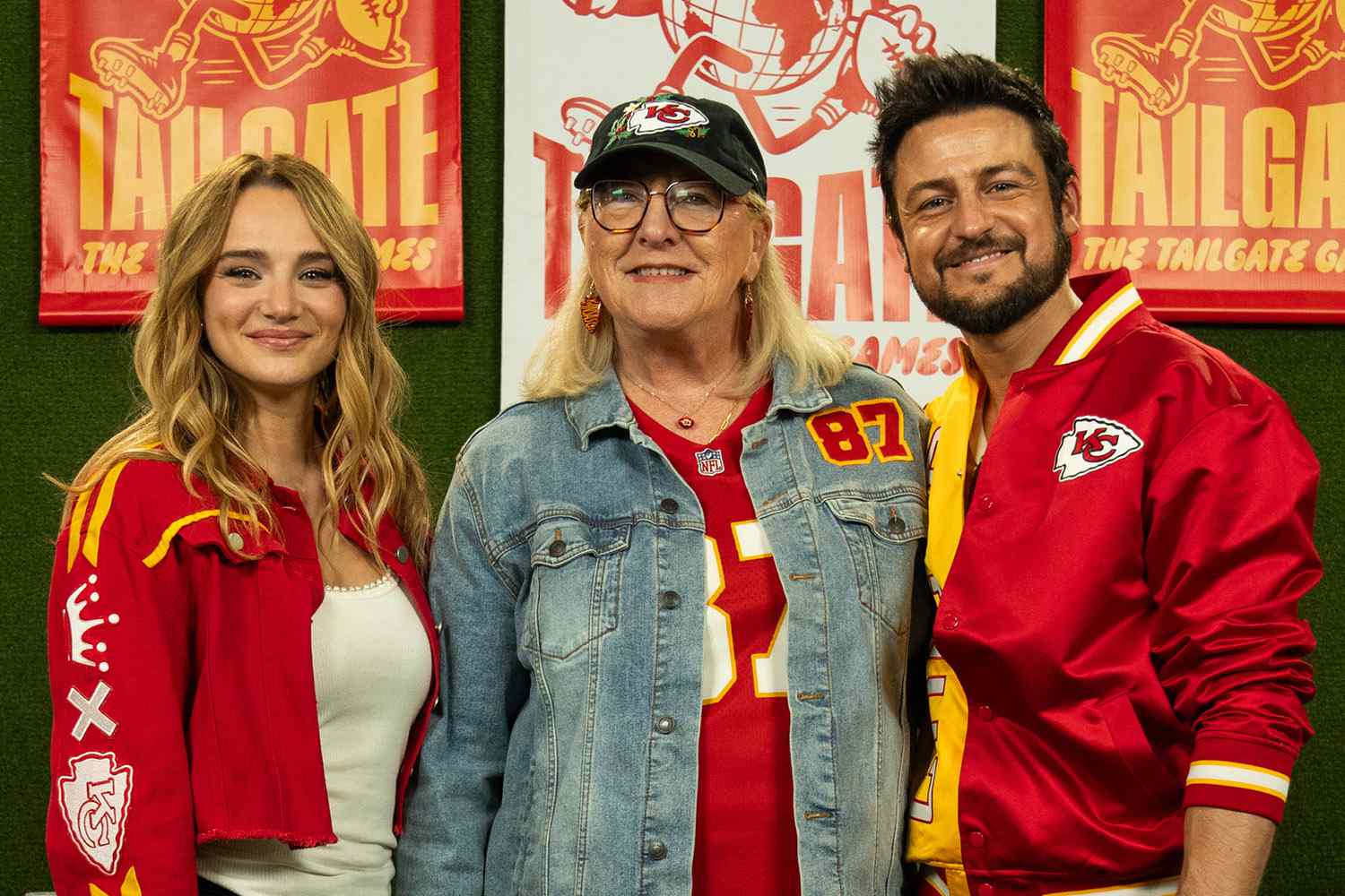 Donna Kelce with Hallmark movie stars Tyler Hynes and Hunter King kansas city 09 05 24