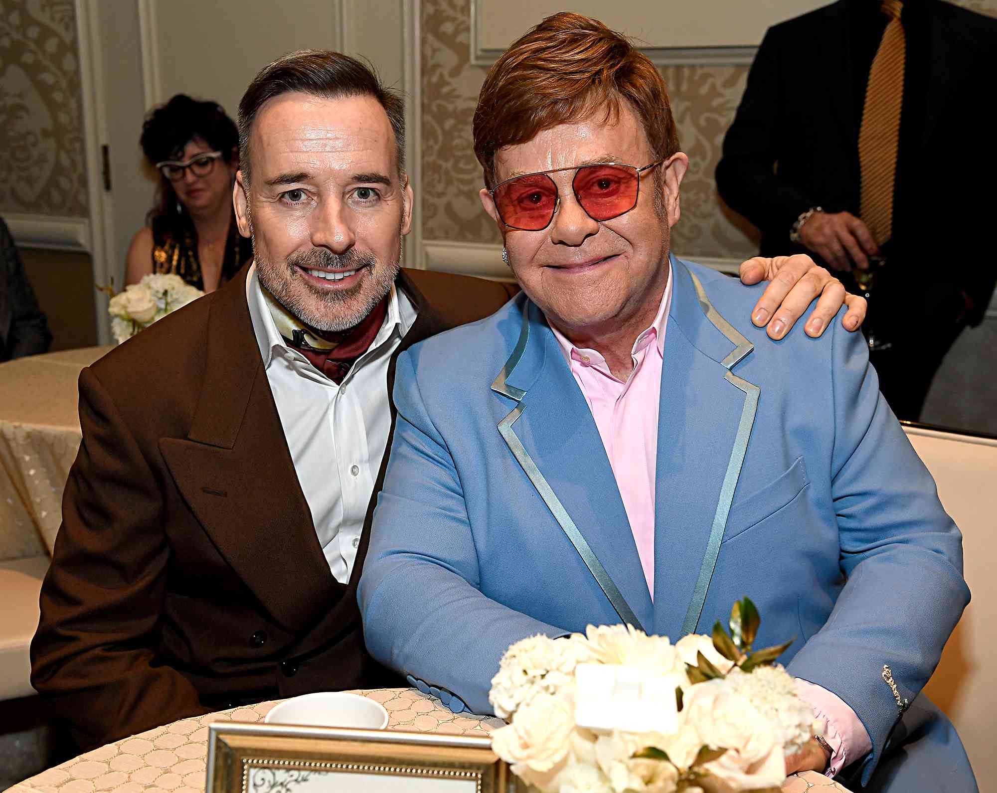 David Furnish and Elton John attend The BAFTA Los Angeles Tea Party at Four Seasons Hotel Los Angeles at Beverly Hills on January 04, 2020 in Los Angeles, California