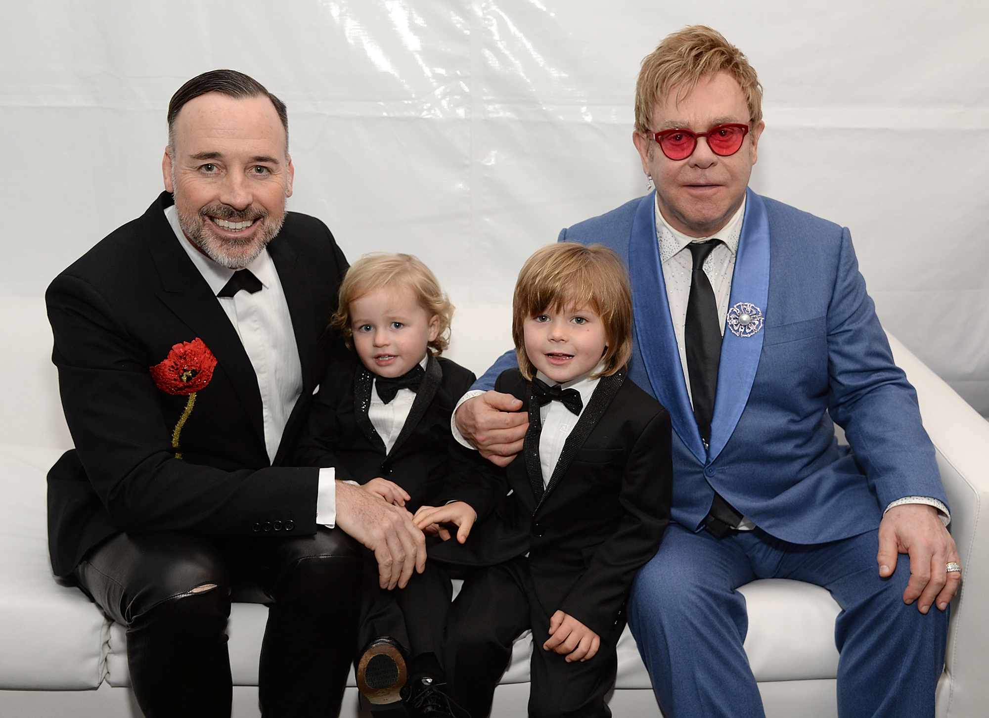 David Furnish, Elijah Furnish-John, Zachary Furnish-John, and Sir Elton John attend the 23rd Annual Elton John AIDS Foundation Academy Awards Viewing Party on February 22, 2015 in Los Angeles, California