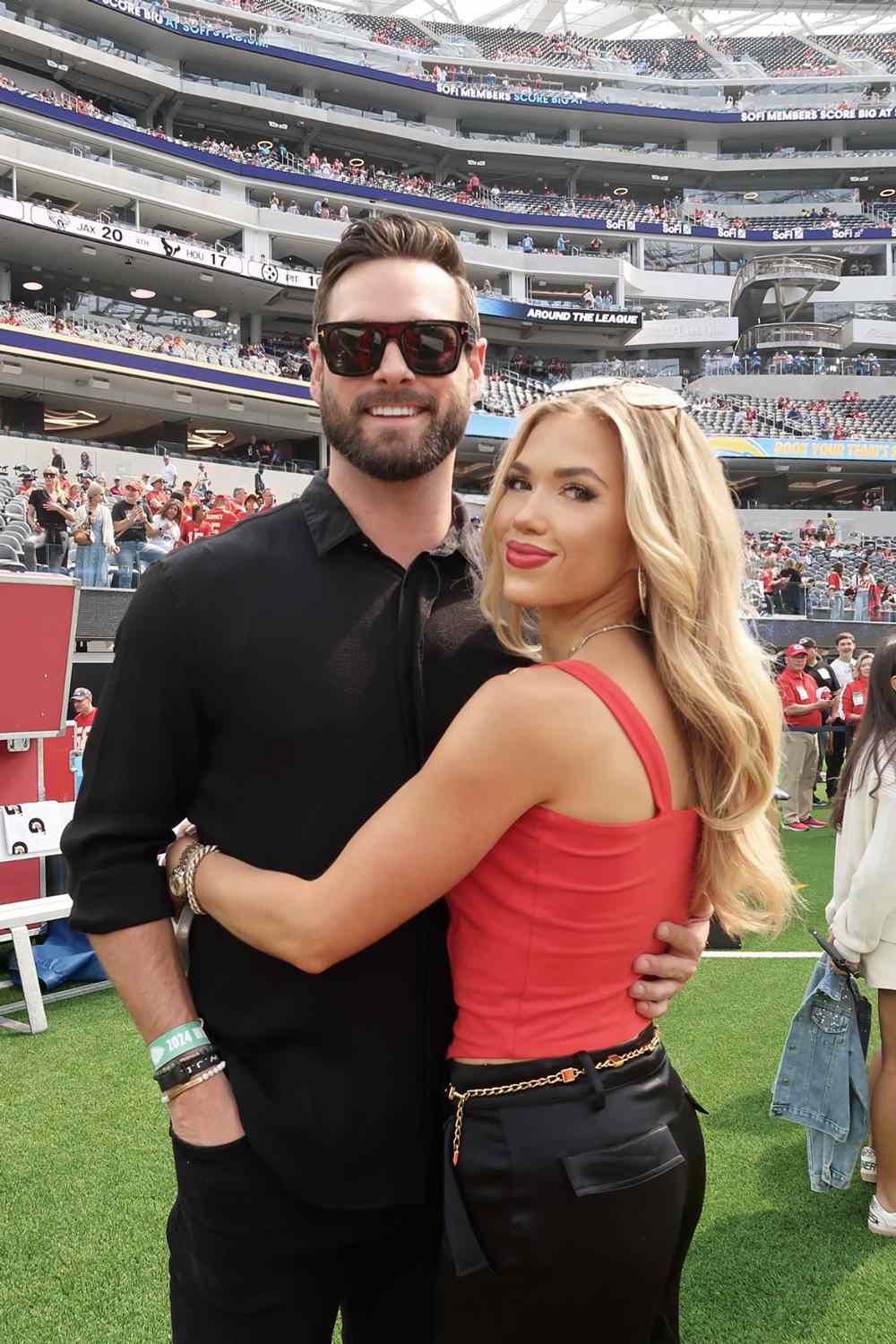 Cody Keith and girlfriend Gracie Hunt attend a Kansas City Chiefs football game against the Los Angeles Chargers on September 29, 2024 at SoFi Stadium in Inglewood, CA.