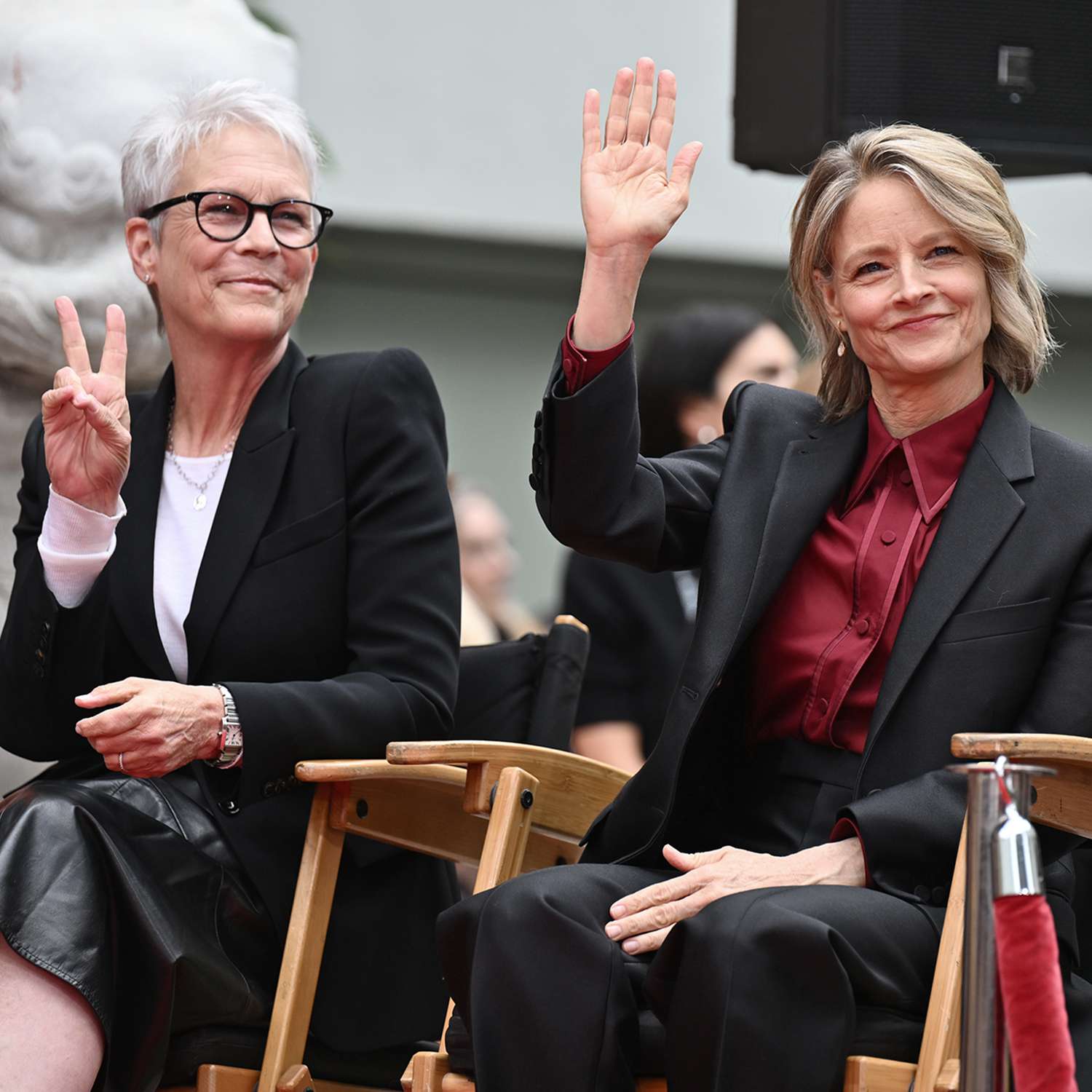 Jamie Lee Curtis and Jodie Foster at the Hand and Footprint Ceremony honoring Jodie Foster held during the TCM Classic Film Festival at TCL Chinese Theatre IMAX on April 19, 2024 in Los Angeles, California.