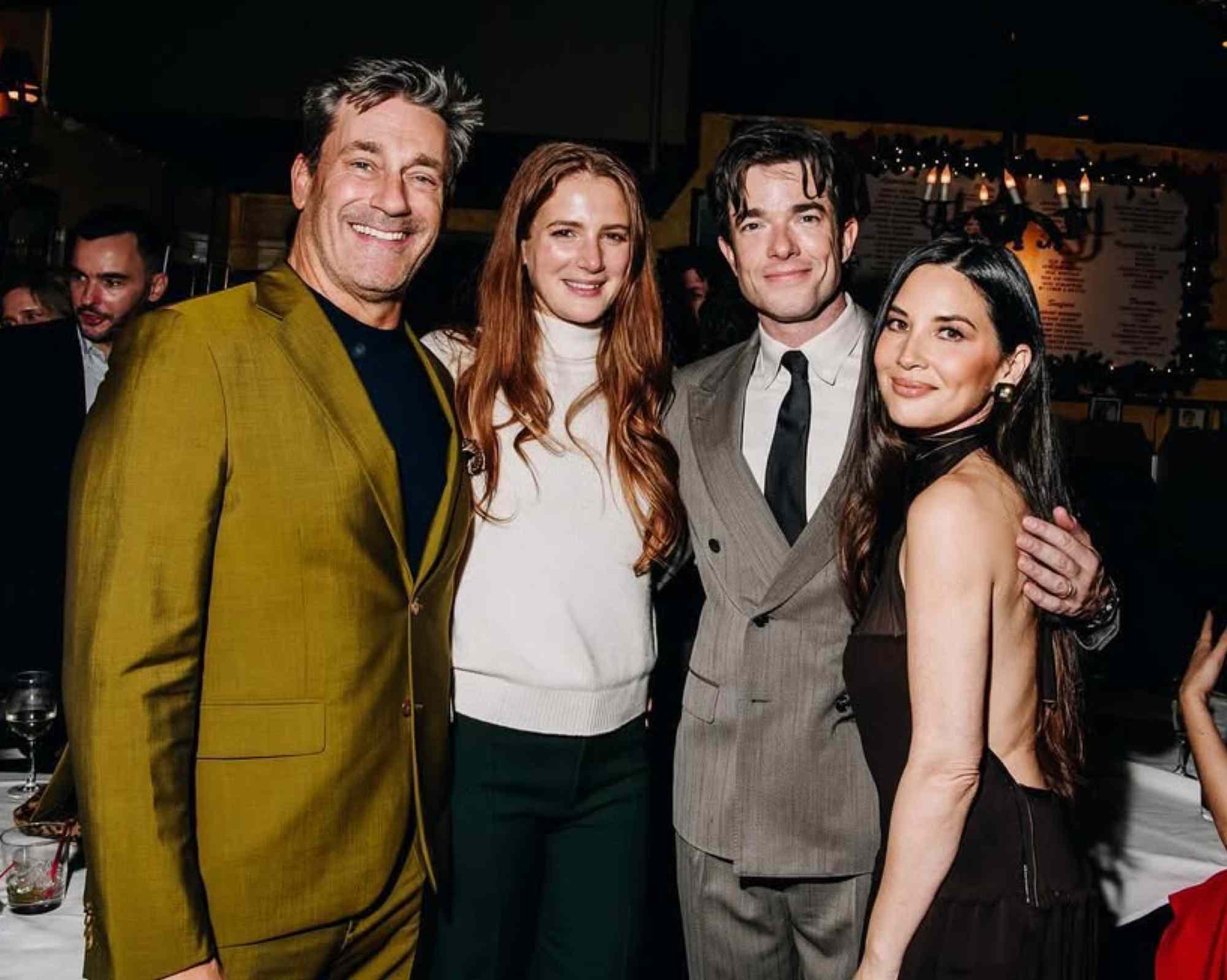 Jon Hamm, Anna Osceola, John Mulaney and Olivia Munn at Carmine's on West 44 Street, a star studded showing Tuesday night after the opening of All In, A Comedy About Love by Simon Rich, directed by Alex Timbers. 