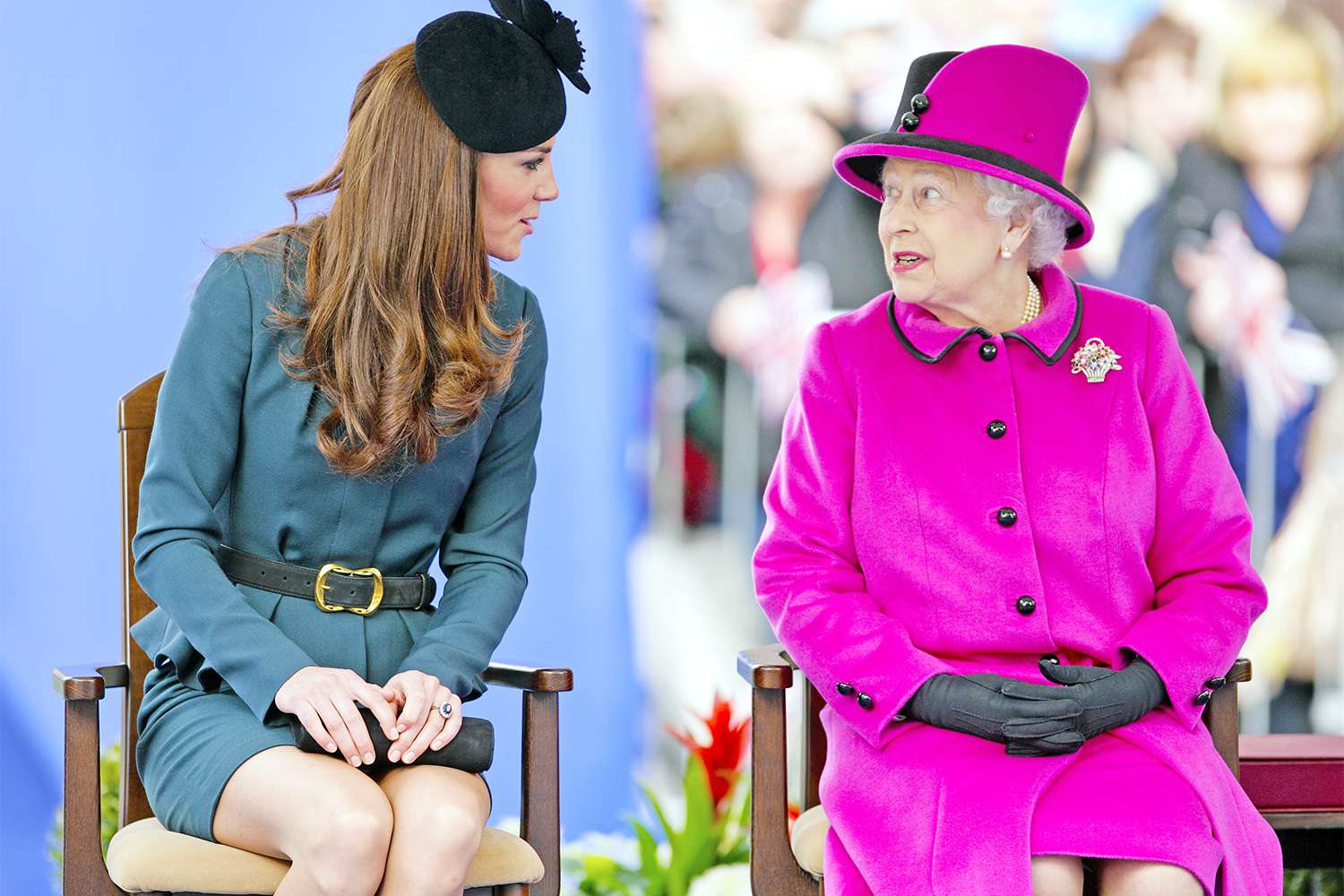 LEICESTER, UNITED KINGDOM - MARCH 08: (EMBARGOED FOR PUBLICATION IN UK NEWSPAPERS UNTIL 48 HOURS AFTER CREATE DATE AND TIME) Catherine Duchess of Cambridge and Queen Elizabeth II listen to a speech as they, accompanied by Prince Philip, Duke of Edinburgh, visit Leicester on the first date of Queen Elizabeth II's Diamond Jubilee tour of the UK on March 8, 2012 in Leicester, England. (Photo by Indigo/Getty Images)