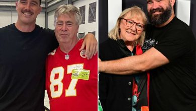 Travis Kelce and Ed Kelce. ; Donna Kelce and Jason Kelce attend Thursday Night Football Presents The World Premiere of