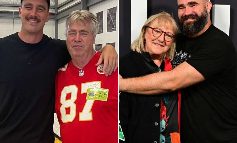 Travis Kelce and Ed Kelce. ; Donna Kelce and Jason Kelce attend Thursday Night Football Presents The World Premiere of