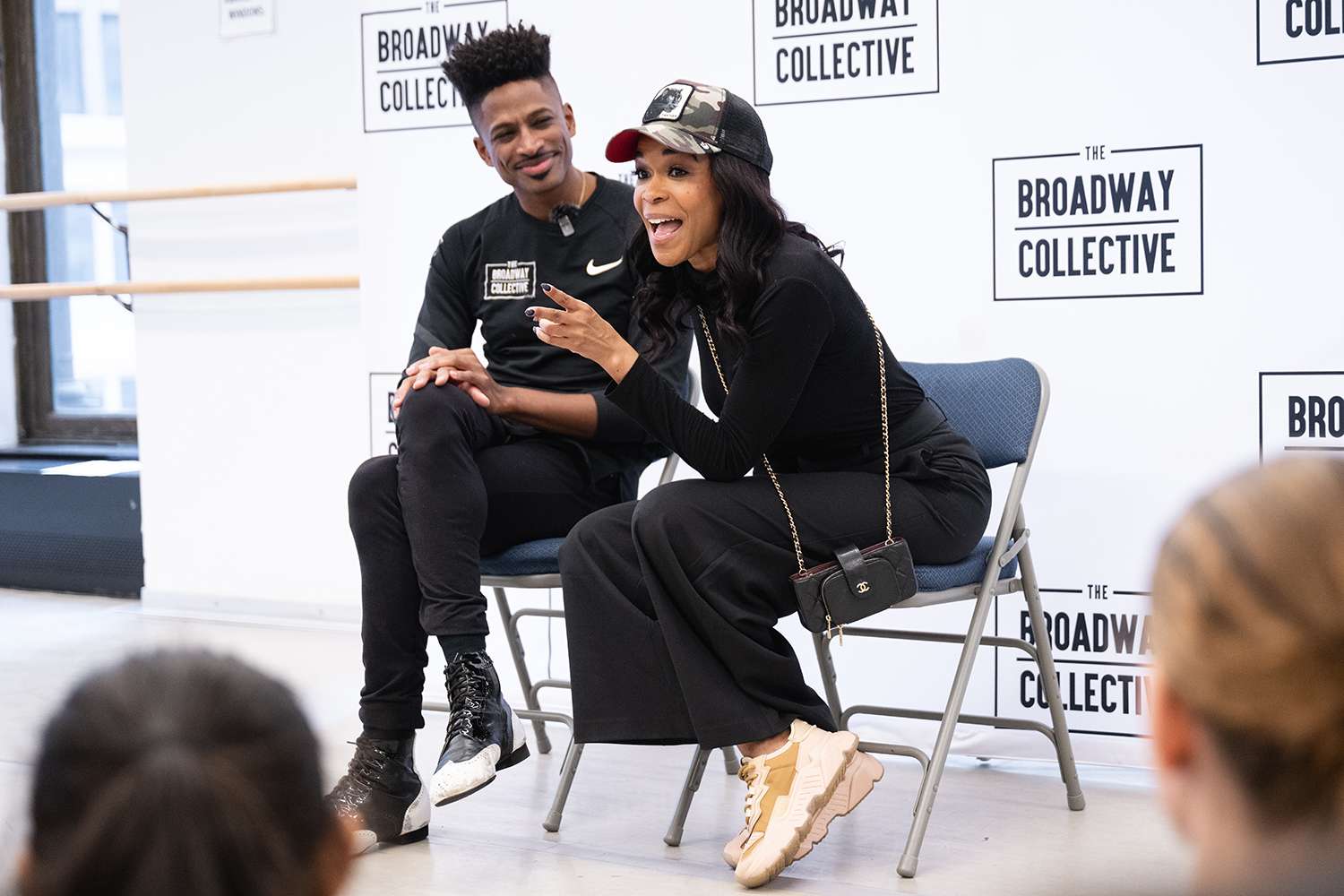 Robert Hartwell and Michelle Williams speak to students as Michelle Williams visits Robert Hartwell's Hello Broadway Live at Ripley Grier Rehearsal Studio on December 07, 2024 in New York City. 