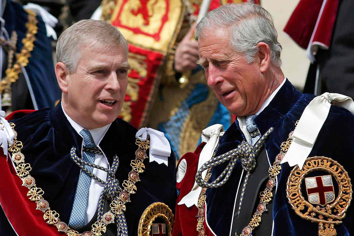 Prince Andrew, Duke of York and Prince Charles, Prince of Wales attend the Order of the Garter Service at St George's Chapel in Windsor Castle on June 15, 2015 in Windsor, England. The Order of the Garter is the most senior and the oldest British Order of Chivalry and was founded by Edward III in 1348.