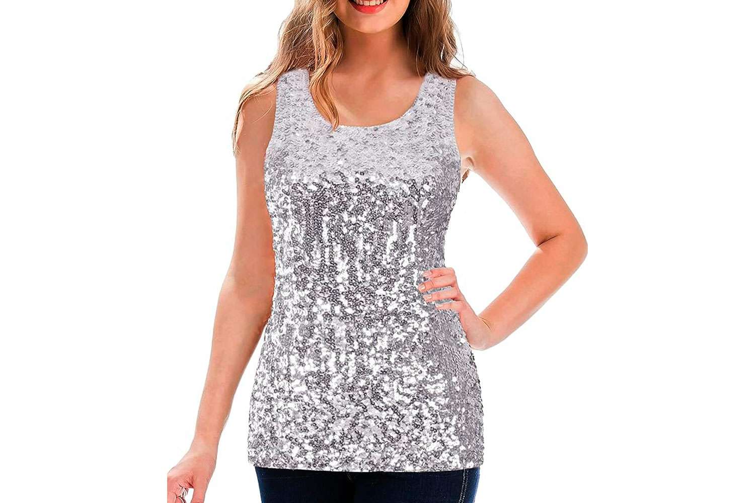 MANER Women's Sequin Tops Sleeveless Glitter Gradient Tank Club Party Vest XS-3XL