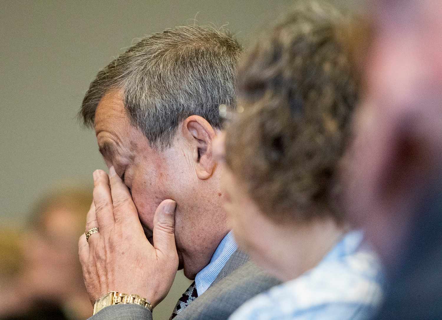 Charles Ridulph, the brother of Maria Ridulph, wipes his eyes during a hearing at the DeKalb County Courthouse in Sycamore, Ill., on Friday, April 22, 2016.