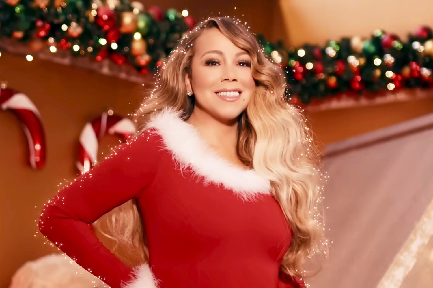 Mariah Carey in the music video for her song 'All I Want for Christmas is You (Make My Wish Come True Edition)'.