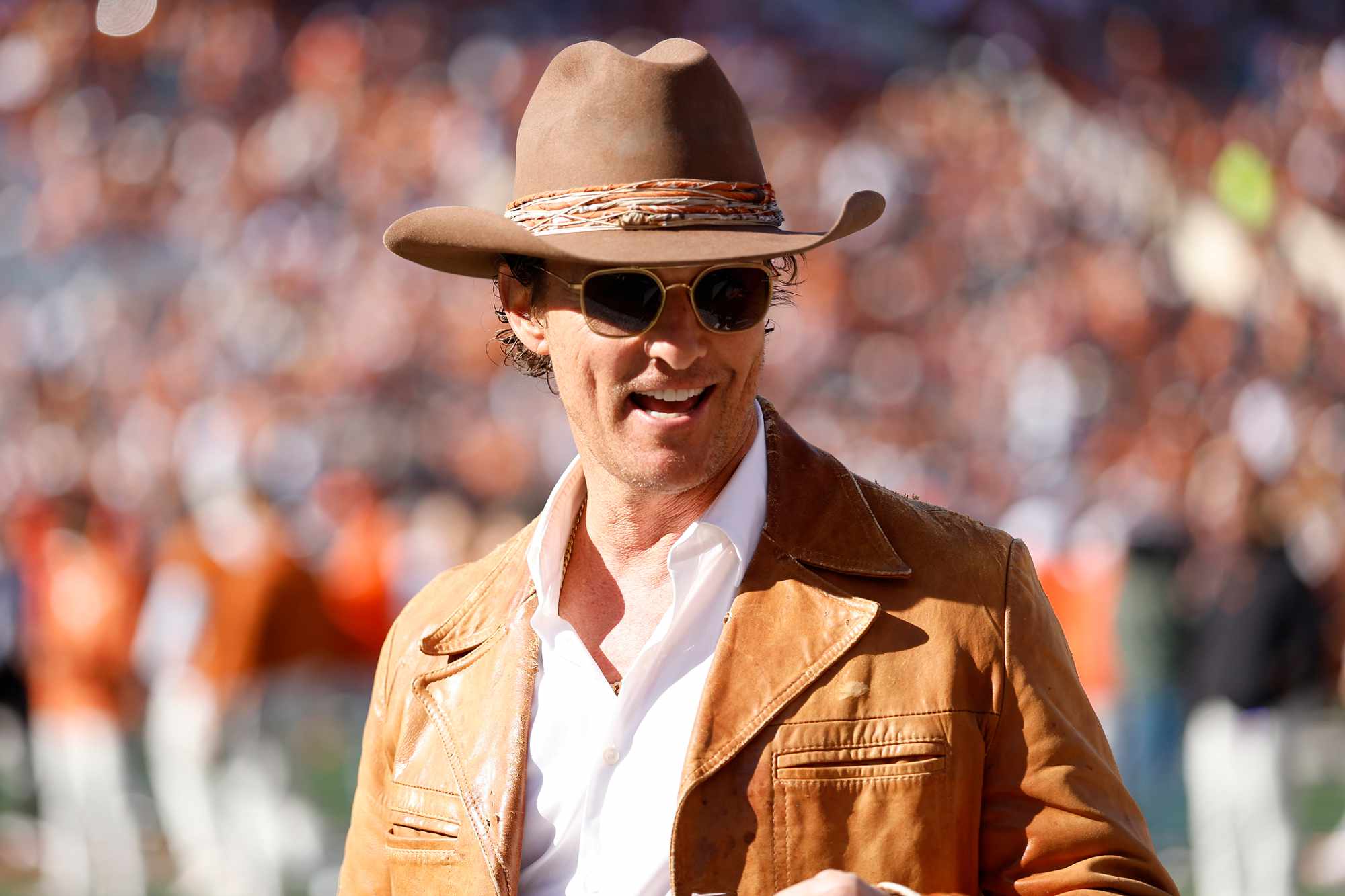 Actor Matthew McConaughey reacts on the field prior to the Playoff First Round Game between the Clemson Tigers and Texas Longhorns at Darrell K Royal-Texas Memorial Stadium on December 21, 2024 in Austin, Texas