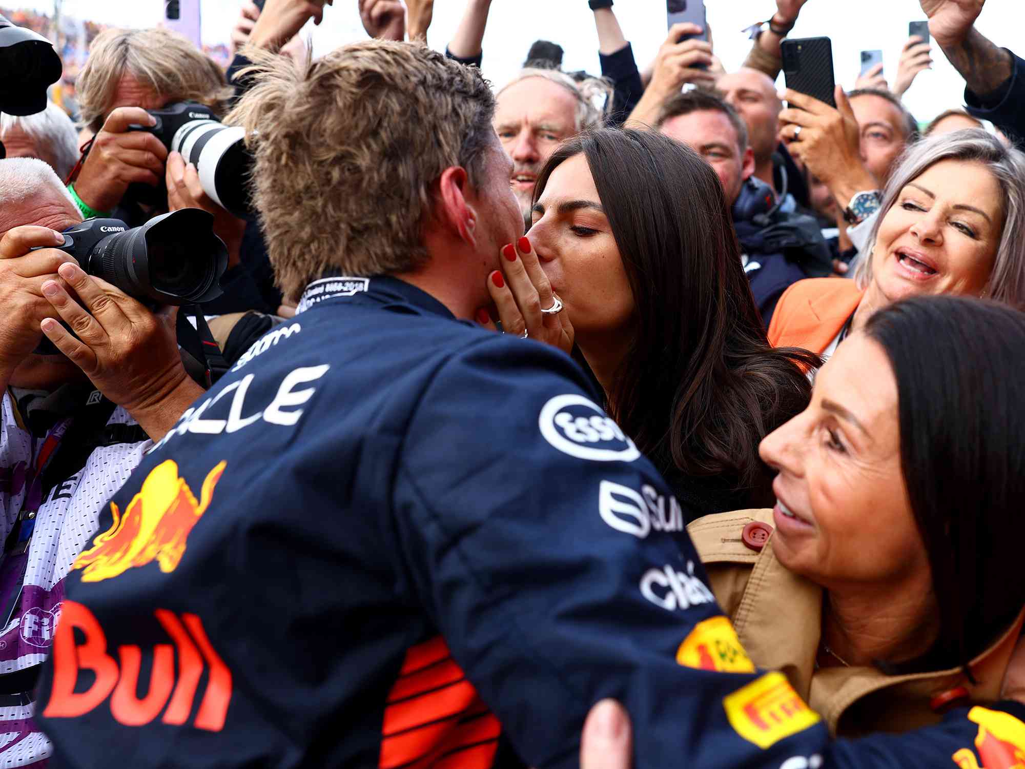 Max Verstappen celebrates with Kelly Piquet during the 2023 F1 Grand Prix of The Netherlands