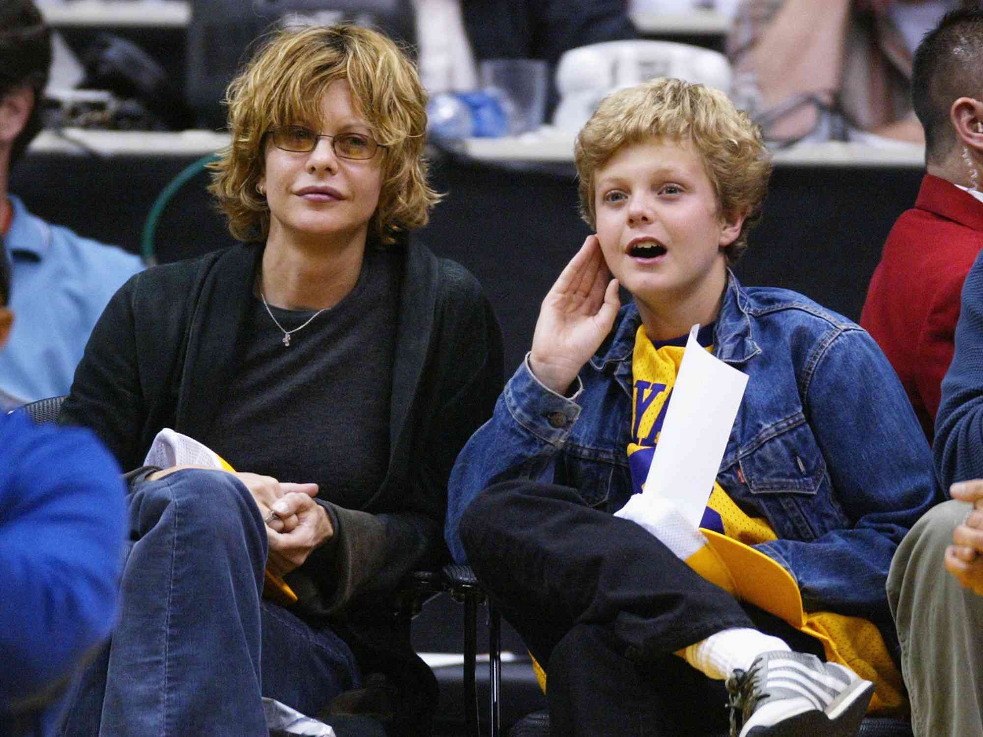 Meg Ryan and son Jack Quaid attend the game between the Los Angeles Lakers and the Portland Trail Blazers on April 6, 2004