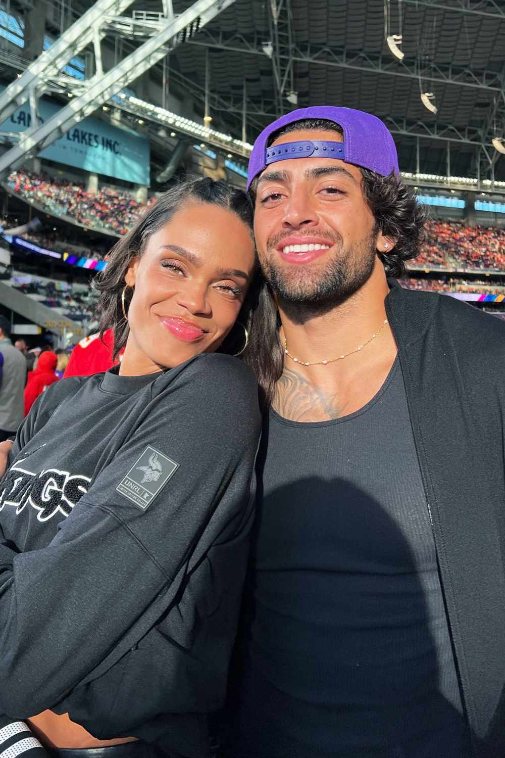 Michelle Young and fiancé Jack Leius at a Minnesota Vikings football game.