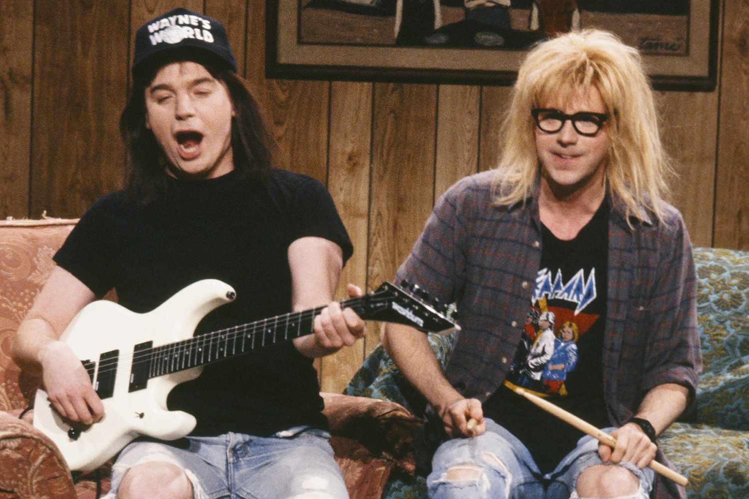 Mike Myers as Wayne Campbell, Dana Carvey as Garth Algar during "Wayne's World" skit on Saturday Night Live