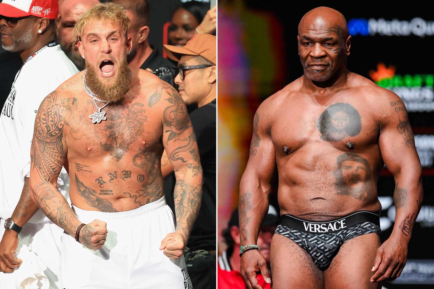 Split photo of Jake Paul and Mike Tyson 