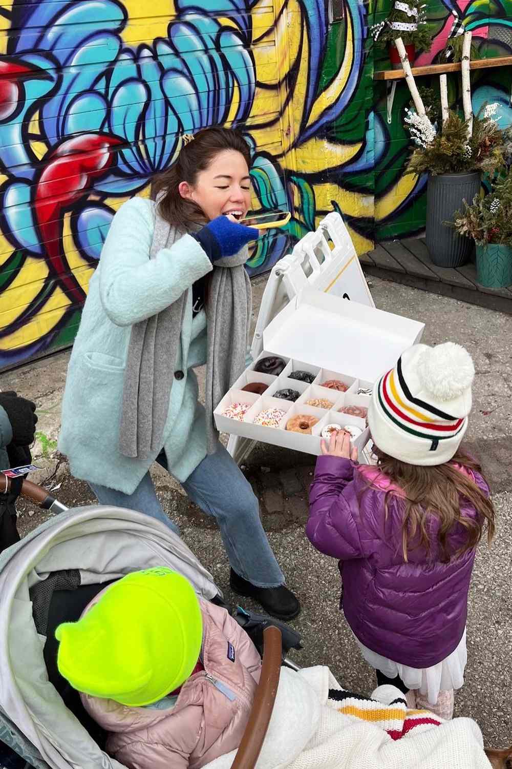 Molly Yeh shares doughnuts with her two daughters Ira and Bernadette.