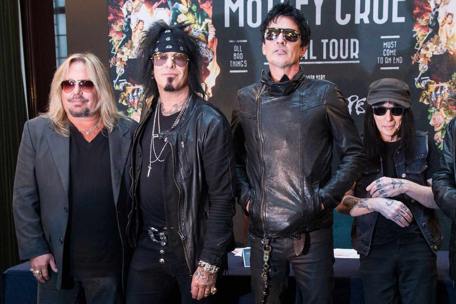 Vince Neil, Nikki Sixx, Tommy Lee and Mick Mars of Motley Crue together with Alice Cooper attend the last ever European press conference for Motley Crue at Law Society on June 9, 2015