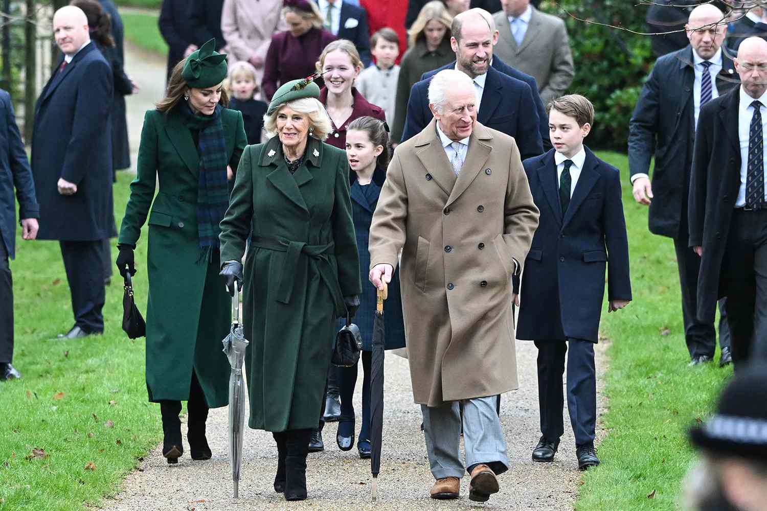 Queen Camilla, King Charles III, Catherine Princess of Wales, Prince William, Princess Charlotte and Prince George arrive at St. Mary Magdalene Church Christmas Day church service