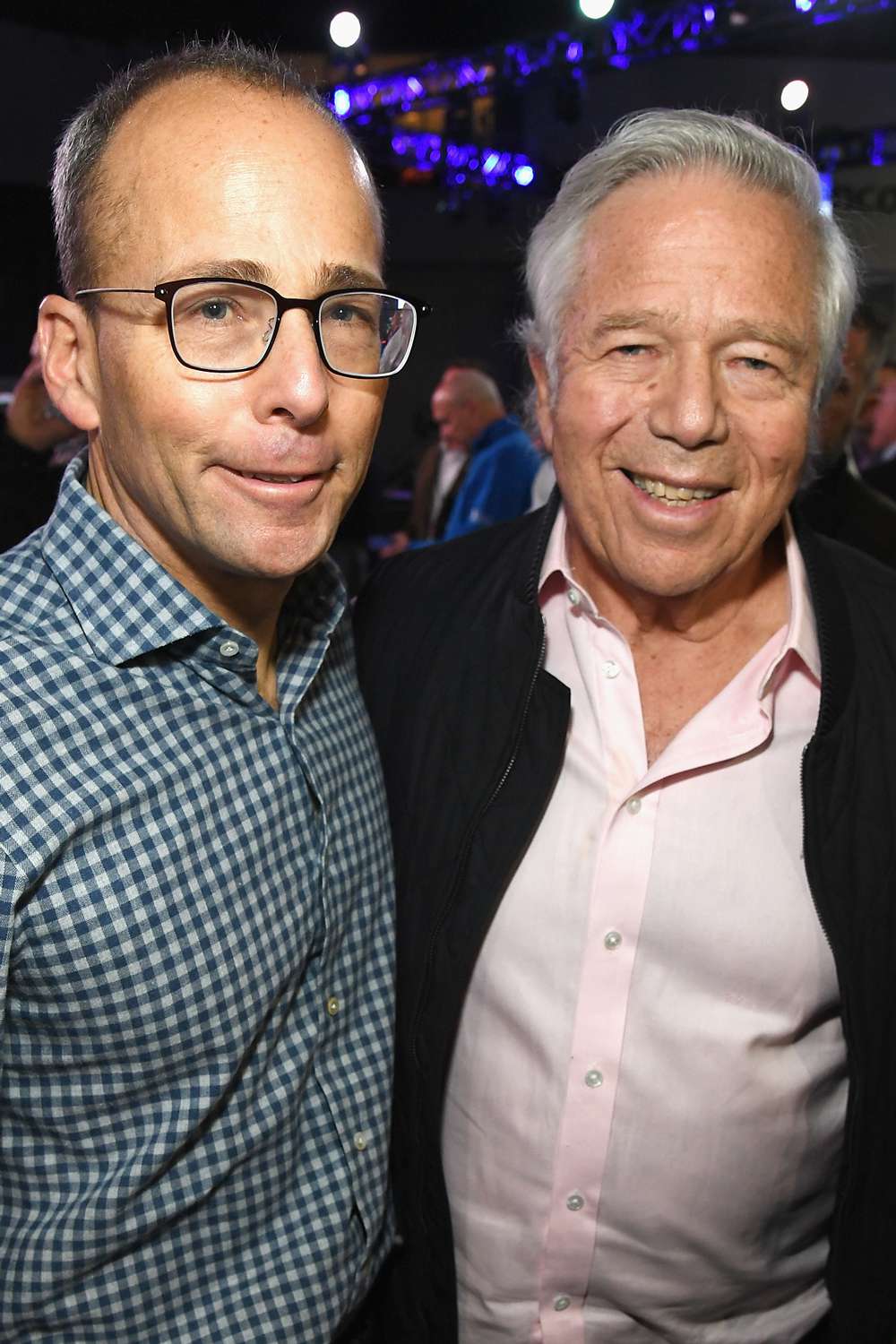 President of the New England Patriots Jonathan Kraft and his father, Chief Executive Officer of the New England Patriots Robert Kraft attend SiriusXM at Super Bowl LIII Radio Row at Georgia World Congress Center on February 1, 2019 in Atlanta, Georgia. 