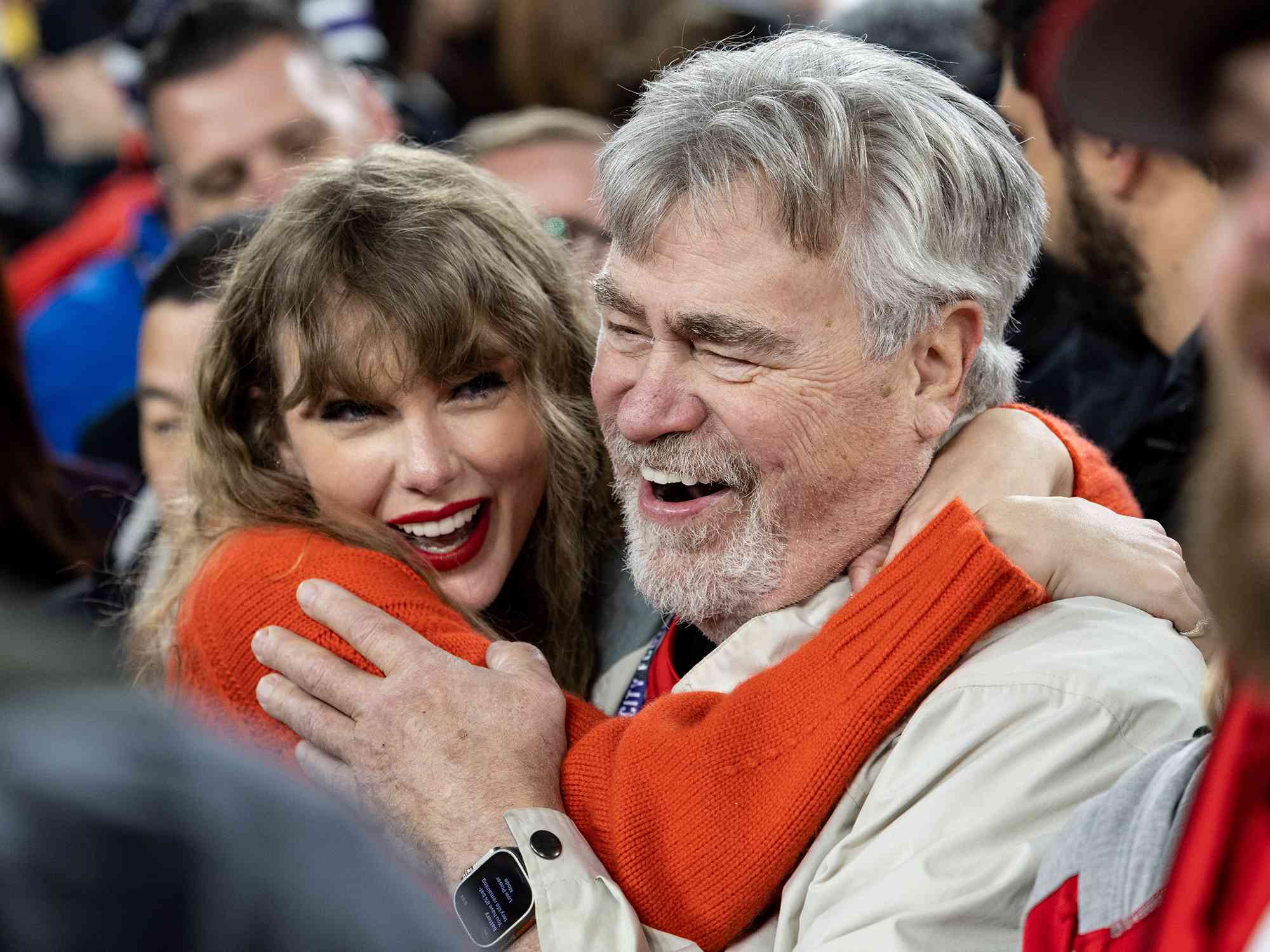 Taylor Swift hugs Ed Kielce after the AFC Championship NFL football game between the Kansas City Chiefs and Baltimore Ravens at M&T Bank Stadium on January 28, 2024