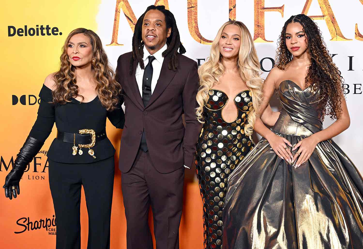 Tina Knowles, Jay-Z, Beyonce and Blue Ivy Carter attend the Los Angeles Premiere of Disney's "Mufasa: The Lion King" at Dolby Theatre on December 09, 2024 in Hollywood, California