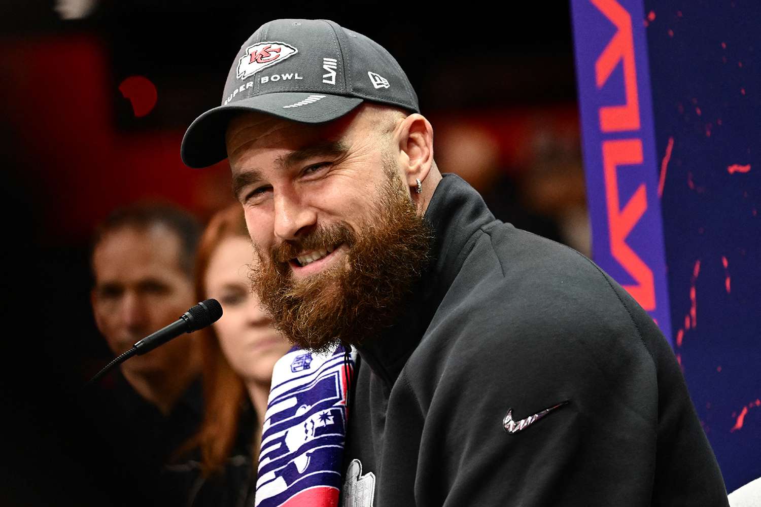 Travis Kelce of the Kansas City Chiefs speaks during Super Bowl LVIII Opening Night at Allegiant Stadium in Las Vegas