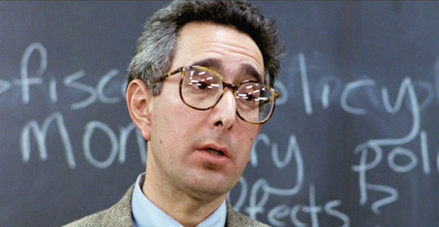 The movie "Ferris Bueller's Day Off", written and directed by John Hughes. Seen here, Ben Stein as Economics Teacher. Initial theatrical release June 11, 1986. Screen capture.