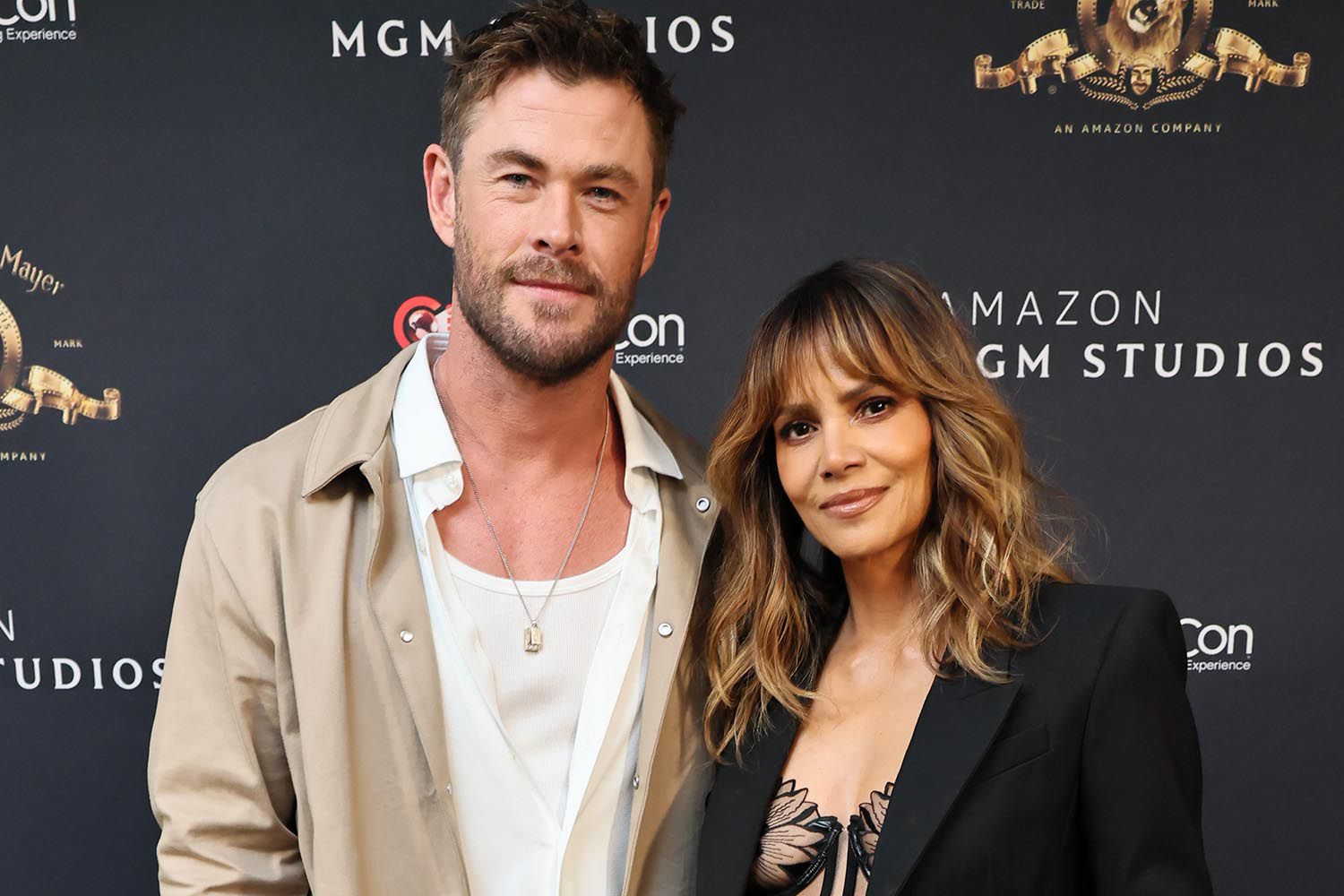 Chris Hemsworth (L) and Halle Berry seen at the Amazon MGM Studios CinemaCon 2025 presentation at The Colosseum at Caesars Palace on April 02, 2025 in Las Vegas, Nevada. 